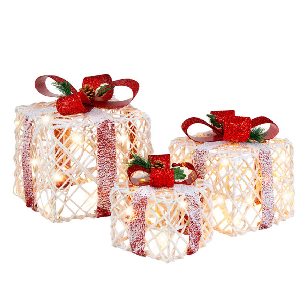Christabelle 3 Piece Christmas Present Display Set With Lights & Red Bows